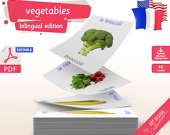 VEGETABLES (real pictures) BILINGUAL • 46 Editable Montessori Flash Cards Nomenclature Flashcards Pdf Printable Cards preschool flash card