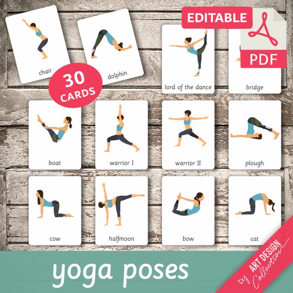 YOGA POSES • 30 Montessori Cards • Flash Cards  Nomenclature FlashCards  Editable Pdf Printable Cards yoga pose card yoga poses preschool