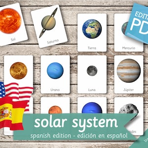 SOLAR SYSTEM SPANISH Edition • 13 Spanish and 13 English Editable Montessori Cards • Flash Cards Nomenclature FlashCards Pdf preschool Toys