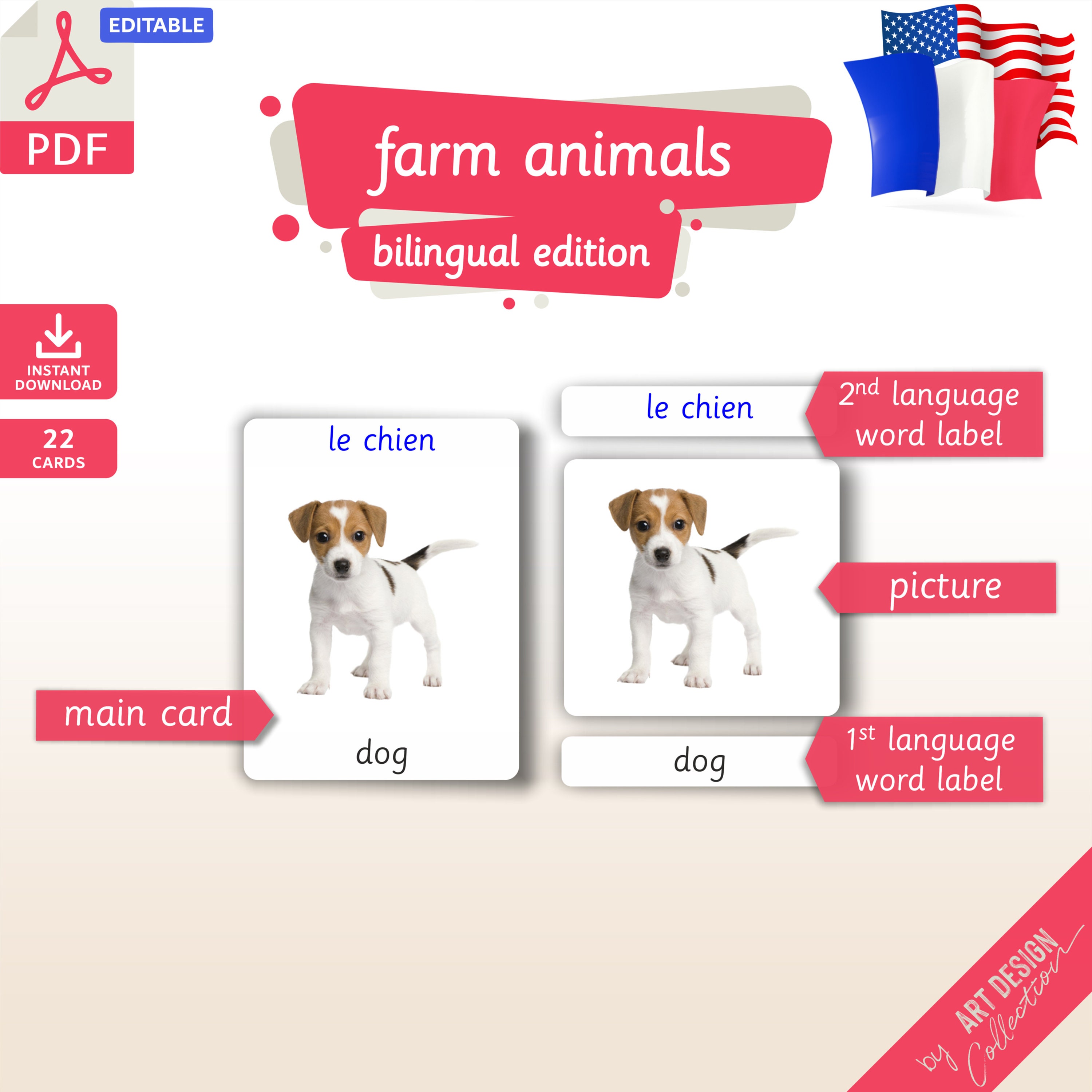FARM ANIMALS BILINGUAL • 22 Editable Montessori Cards • Flash Card ...