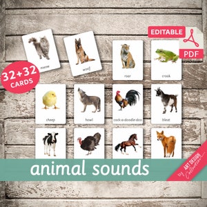 ANIMAL SOUNDS • 32+32 Editable Montessori Cards • Flash Cards Nomenclature FlashCards PDF Printable Cards preschool Toys