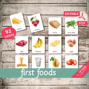 FIRST FOODS (real pictures) • 92 Editable Montessori Cards • Flash Cards Nomenclature FlashCards Pdf Printable Cards Montessori preschool