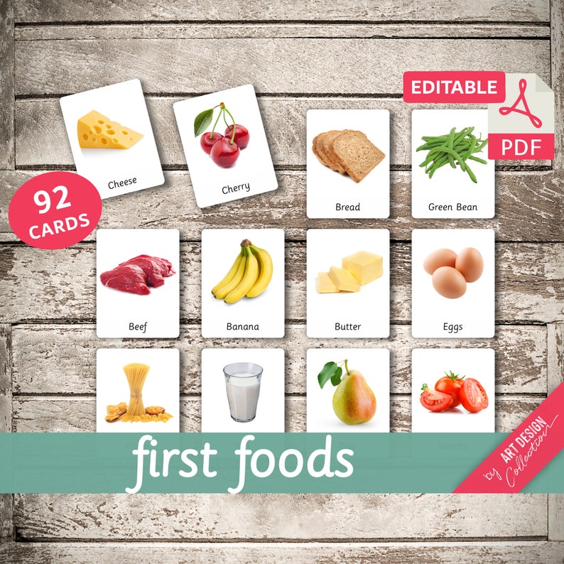 FIRST FOODS real pictures 92 Editable Montessori Cards Flash Cards Nomenclature FlashCards Pdf Printable Cards Montessori preschool immagine 1