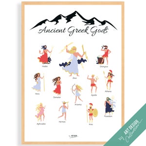 Póster de los dioses griegos antiguos • Póster Montessori • Póster educativo Montessori para la educación en el hogar, aprendizaje, guardería, preescolar, mitología