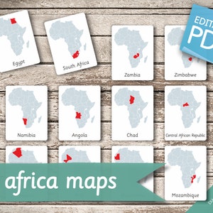 AFRICA MAPS • 55 Montessori Cards • Flash Cards  Nomenclature FlashCards  Editable Pdf Printable Cards preschool