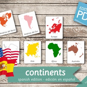 CONTINENTS of the WORLD SPANISH Edition • 8+8+8 Spanish and English Editable Montessori Cards • Flash Cards preschool Pdf Printable Toys