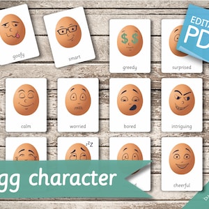 EGG CHARACTER • 50 Editable Montessori Cards • Flash Cards Nomenclature FlashCards Pdf Printable Cards Fellings preschool toys
