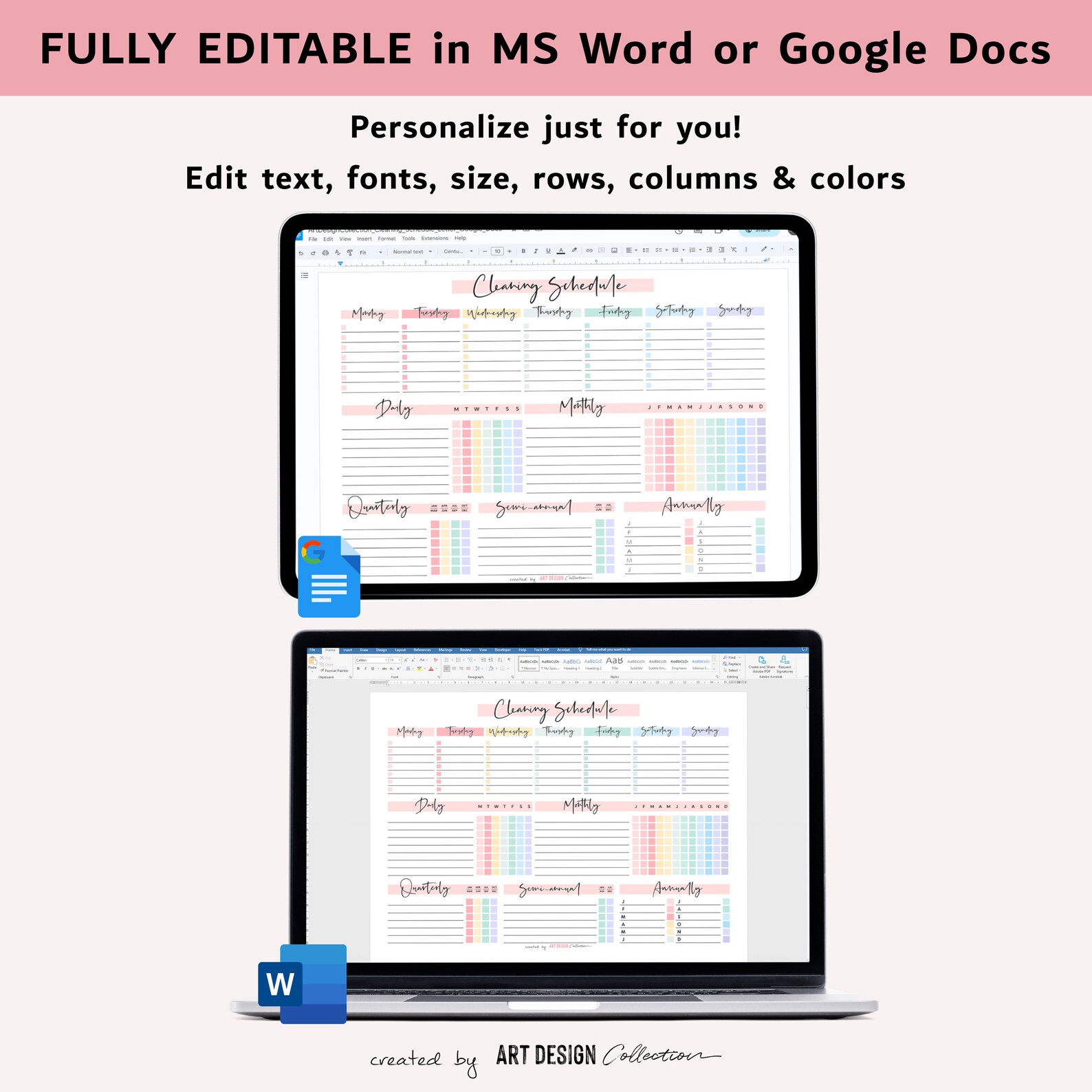EDITABLE Cleaning Schedule Planner Word Google Docs Fillable Printable ...