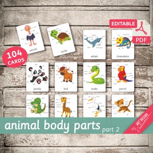 ANIMAL BODY PARTS (part 2) • 104 Editable Montessori Cards • Flash Cards Nomenclature FlashCards Pdf Printable Cards preschool Toys