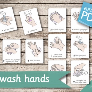 Cómo LAVARSE LAS MANOS CORRECTAMENTE • 11 tarjetas Montessori editables • Tarjetas didácticas de nomenclatura para preescolar Tarjetas imprimibles en PDF para lavarse las manos