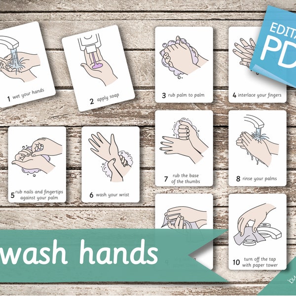 How to WASH your HANDS PROPERLY • 11 Editable Montessori Cards • Flash Cards  Nomenclature Cards preschool Pdf Printable Cards hand washing