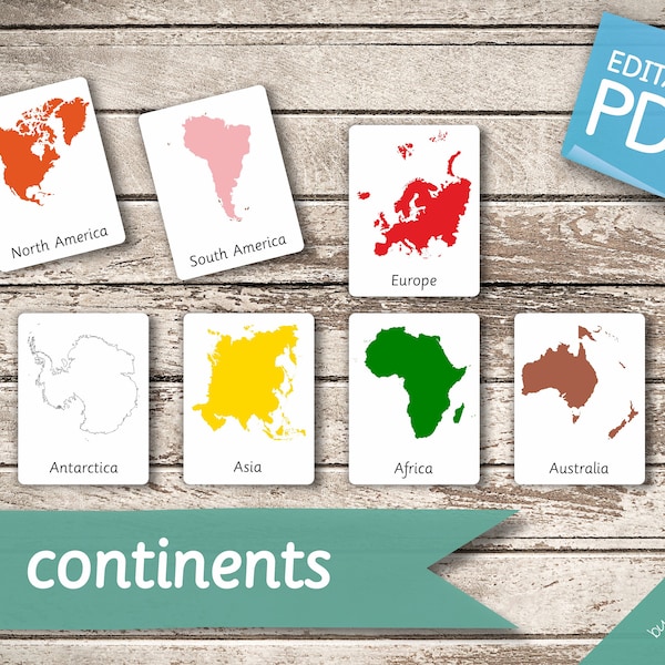 CONTINENTS of the WORLD • 8+8+8 Montessori Cards • LARGE Size World Map Flash Cards Nomenclature Cards Editable Pdf Printable Card preschool