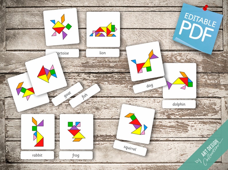 TANGRAM ANIMALS 120 Montessori Cards Flash Cards Nomenclature FlashCards Editable Pdf Printable Cards preschool image 5