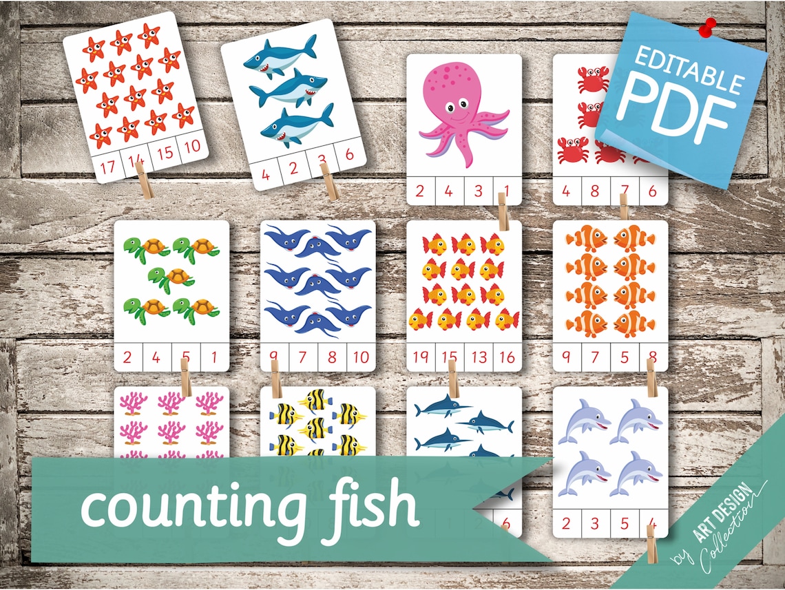 COUNTING FISH 1 to 20 20 Editable Montessori Cards Flash Etsy