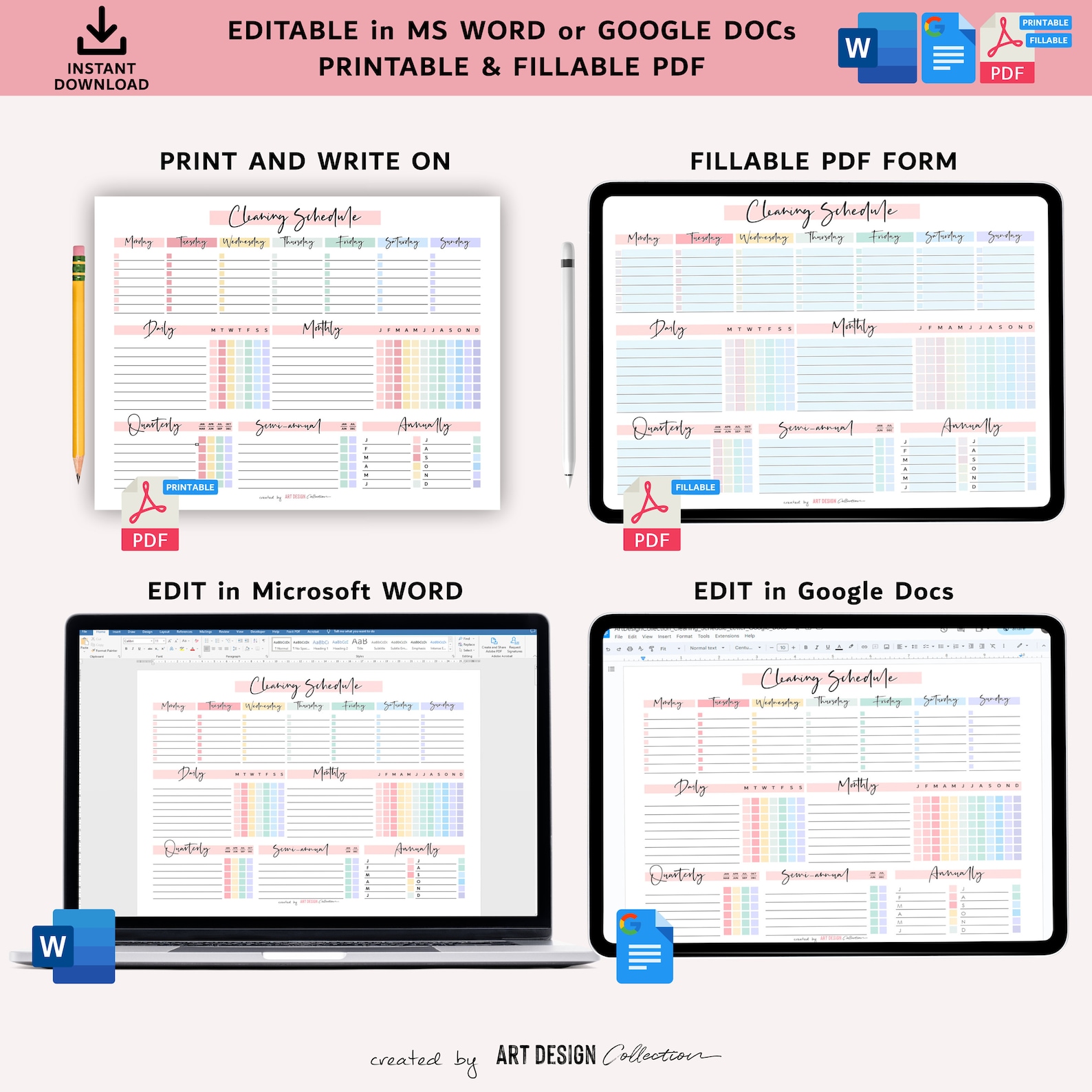 EDITABLE Cleaning Schedule Planner Word Google Docs Fillable Printable ...