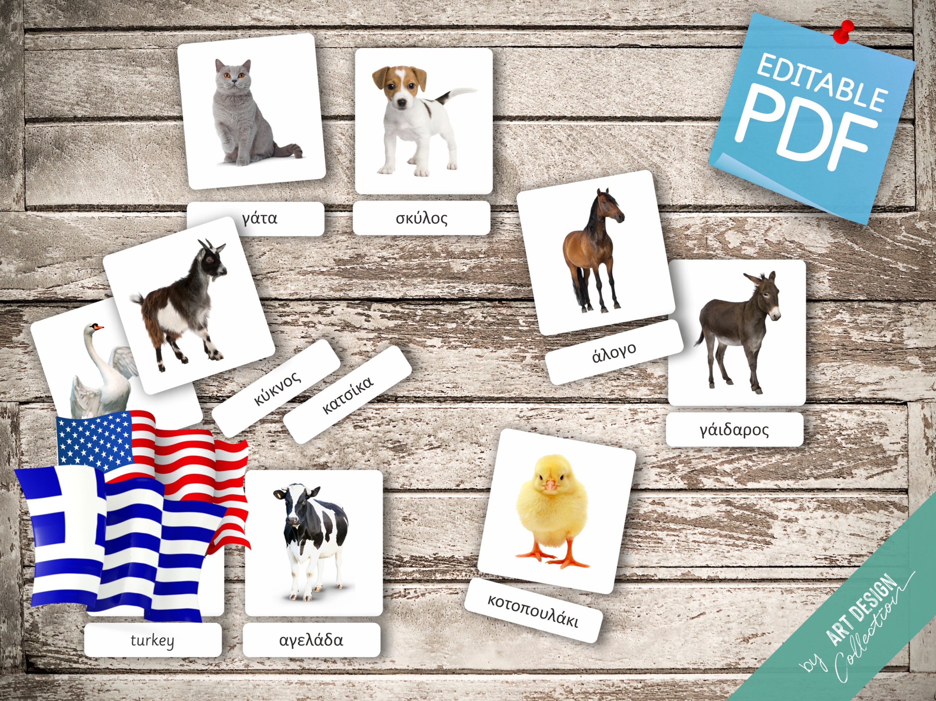 FARM ANIMALS GREEK Edition • 22 Greek and 22 English Editable ...