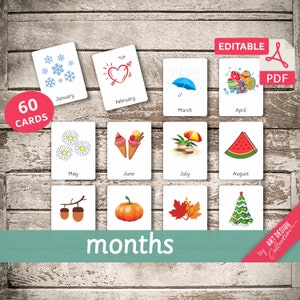 MOIS • 60 cartes Montessori modifiables • Cartes Flash Cartes Flash de nomenclature Jouets modifiables PDF Cartes préscolaire Printemps Été Automne Hiver