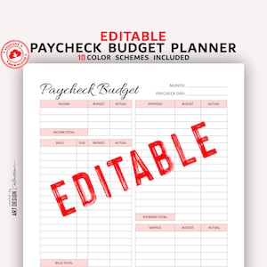 May include: A printable budget planner with a pink and white colour scheme. The planner is titled "Paycheck Budget" and includes sections for income, expenses, bills, and savings. The planner is editable and includes 10 colour schemes.