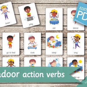 INDOOR ACTION VERBS 20 Editable Montessori Cards Flash Cards Nomenclature FlashCards Editable Pdf Printable Cards preschool image 4