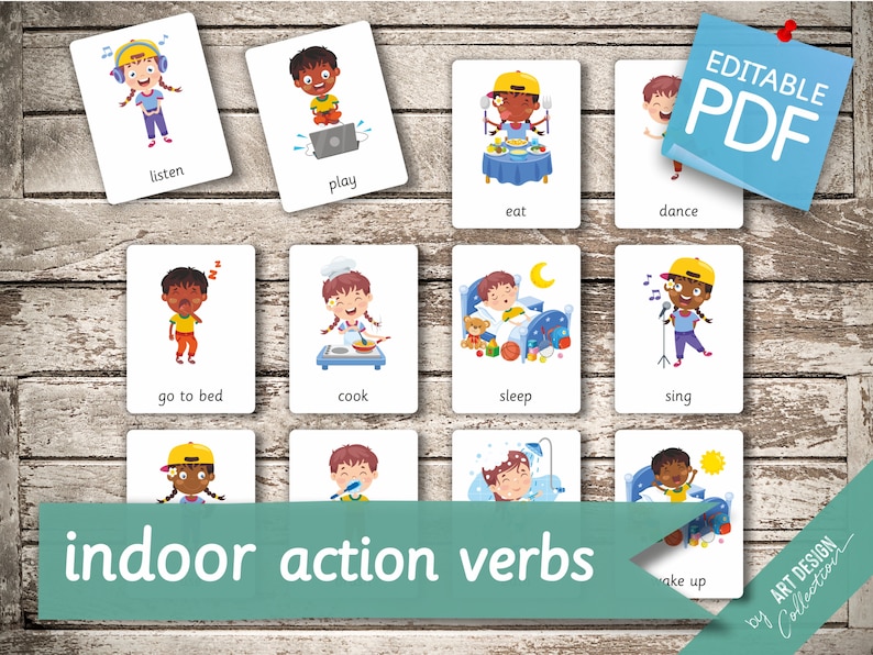 INDOOR ACTION VERBS 20 Editable Montessori Cards Flash Cards Nomenclature FlashCards Editable Pdf Printable Cards preschool image 4