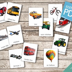 VEHICLES 62 Montessori Cards Flash Cards Nomenclature FlashCards Editable Pdf Printable Cards Transportation Car preschool image 3