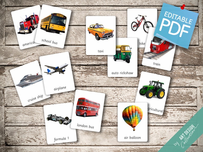 VEHICLES 62 Montessori Cards Flash Cards Nomenclature FlashCards Editable Pdf Printable Cards Transportation Car preschool image 3