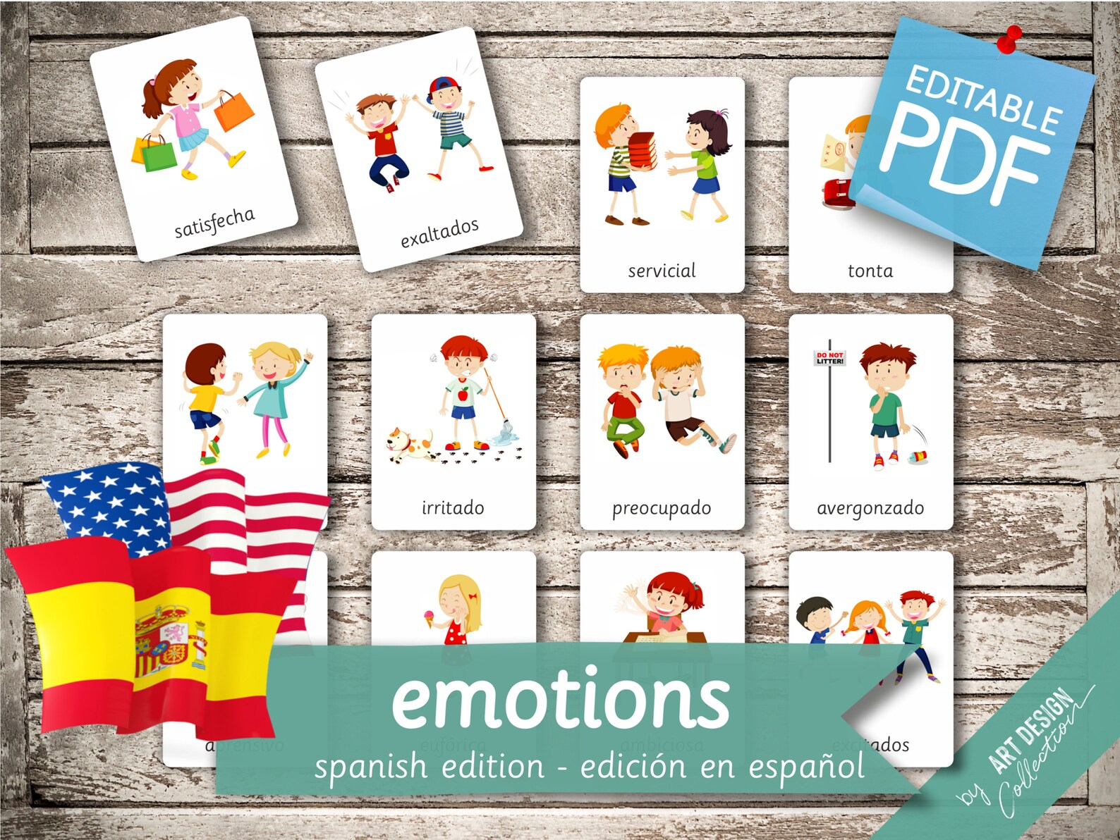 EMOTIONS SPANISH Edition • 18 Spanish and 18 English Editable ...