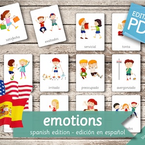 EMOTIONS SPANISH Edition • 18 Spanish and 18 English Editable Montessori Cards • Flash Cards Nomenclature Cards preschool Pdf Printable Toys