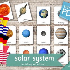 SOLAR SYSTEM MULTILINGUAL Edition • 13 English, French, German, Greek, and Spanish Editable Montessori Cards • Nomenclature Cards preschool
