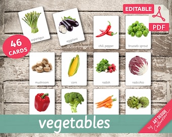 VEGETABLES (real pictures) • 46 Editable Montessori Cards • Flash Cards  Nomenclature FlashCards Pdf Printable Cards preschool Toys
