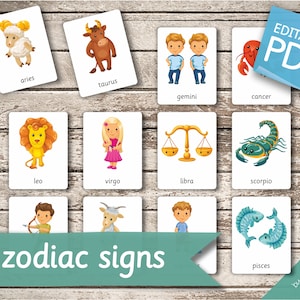 SIGNOS DO ZODÍACO • 48 Cartões Montessori Editáveis • Flash Cards Nomenclatura FlashCards Signo astrológico PDF Cartões imprimíveis brinquedos pré-escolares