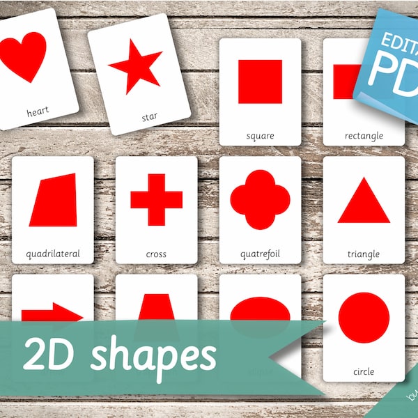 GEOMETRISCHE 2D-FORMEN • 32 + 32 editierbare Montessori Karten • Karteikarten Nomenklatur Karteikarten bearbeitbare Pdf druckbare Karten Vorschule