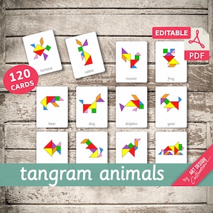 TANGRAM ANIMALS 120 Montessori Cards Flash Cards Nomenclature FlashCards Editable Pdf Printable Cards preschool image 1