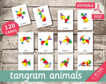 TANGRAM ANIMALS • 120 Montessori Cards • Flash Cards  Nomenclature FlashCards  Editable Pdf Printable Cards preschool