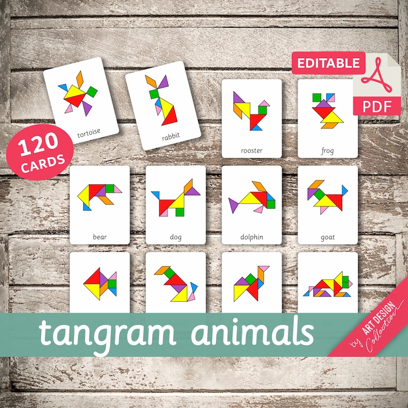 TANGRAM ANIMALS 120 Montessori Cards Flash Cards Nomenclature FlashCards Editable Pdf Printable Cards preschool image 1