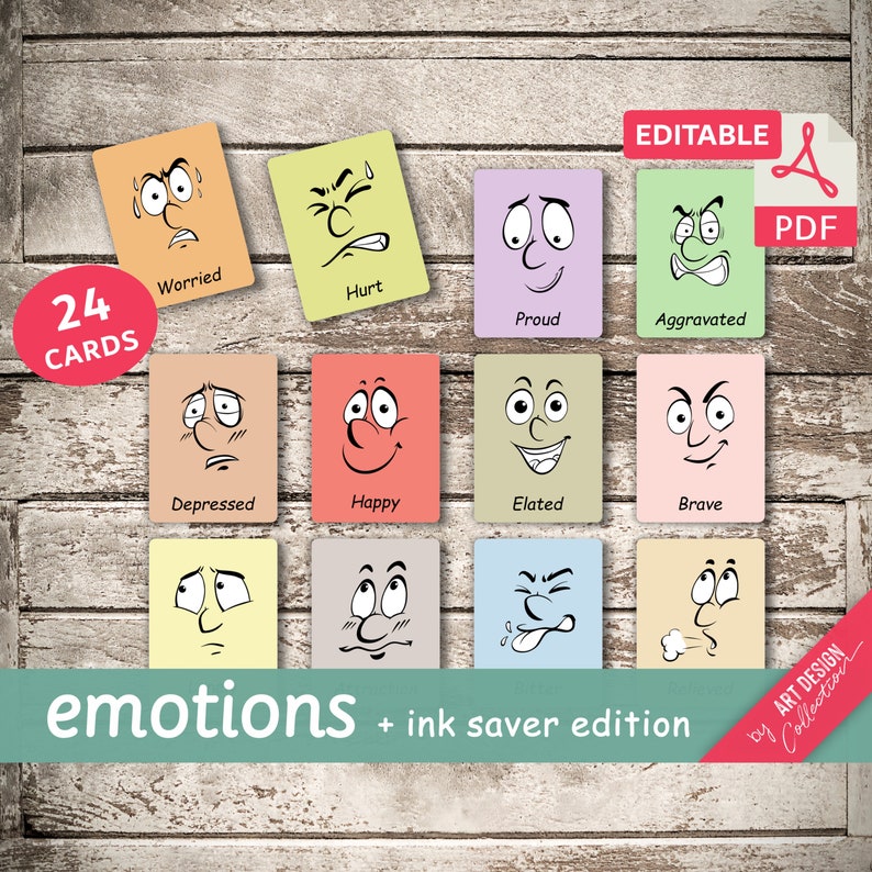 EMOTIONS • 24 Editable Montessori Flash Cards • PDF Printable Cards ...