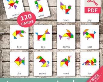 TANGRAM ANIMALS • 120 Montessori Cards • Flash Cards  Nomenclature FlashCards  Editable Pdf Printable Cards preschool