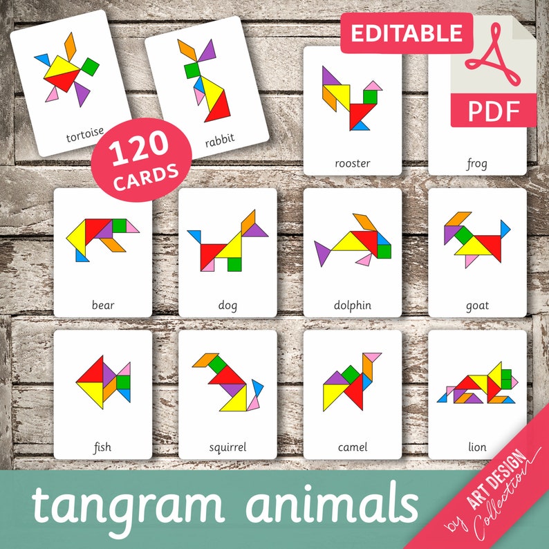 TANGRAM ANIMALS 120 Montessori Cards Flash Cards Nomenclature FlashCards Editable Pdf Printable Cards preschool image 2