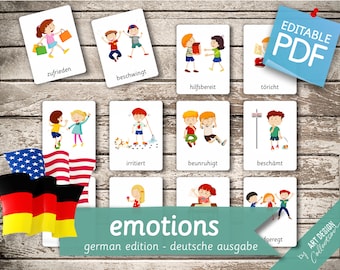 May include: A set of 10 printable flashcards featuring illustrations of children expressing different emotions. Each card includes a German word describing the emotion, such as "zufrieden" (satisfied) and "töricht" (foolish). The cards are designed for use in teaching German language and emotional literacy.
