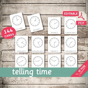 TELLING TIME (level 2) • 144 Editable Montessori Cards • Time Flash Cards  Nomenclature Cards  Editable PDF Printable Clock Cards preschool