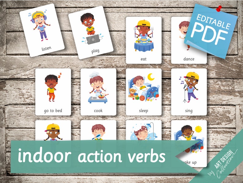 INDOOR ACTION VERBS 20 Editable Montessori Cards Flash Cards Nomenclature FlashCards Editable Pdf Printable Cards preschool image 1