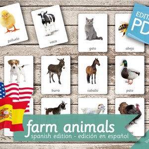 FARM ANIMALS SPANISH Edition • 22 Spanish and 22 English Editable Montessori Cards • Flash Cards Nomenclature Cards preschool Pdf Printable
