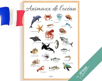 OCEAN ANIMALS POSTER French Edition • Montessori Poster • Educational Homeschooling Learning Kids Nursery Room Toys preschool