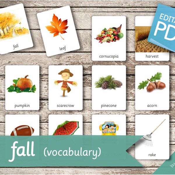 Vocabulario de OTOÑO • 40 Tarjetas Montessori editables • Tarjetas Flash Tarjetas de Nomenclatura Tarjetas Imprimibles Pdf Juguetes Montessori juguetes preescolares de otoño