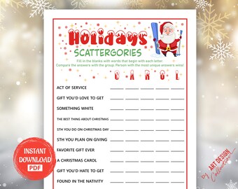 CHRISTMAS HOLIDAY SCATTERGORIES Game • Christmas Game Holiday Christmas Party Holiday Party games Xmas bingo game Christmas Printable Games