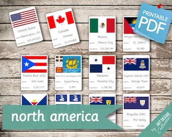 NORTH AMERICA FLAGS • 41 Montessori Cards • Flash Cards  Nomenclature FlashCards Pdf Printable Cards preschool