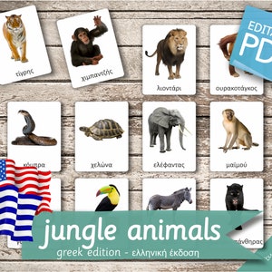 ANIMAIS DA SELVA Edição GREGA • 22 cartões Montessori gregos e 22 ingleses • Cartões Flash Nomenclatura PDF editável para impressão pré-escolar