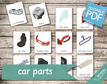 CAR PARTS • 36 Montessori Cards • Large size A1 Flash Cards  Nomenclature FlashCards  Editable Pdf Printable Cards preschool