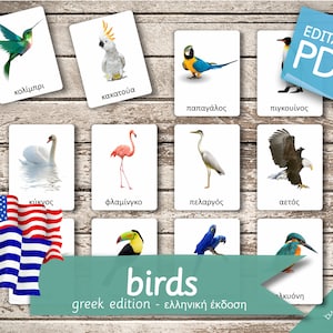 BIRDS (real pictures) GREEK Edition • 30 Greek and 30 English Editable Montessori Cards Flash Cards Nomenclature preschool PDF Printable