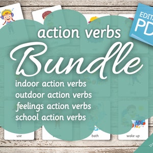 BUNDLE ACTION VERBS • 62 Editable Montessori Cards • Flash Cards  Nomenclature FlashCards  Editable Pdf Printable Cards preschool